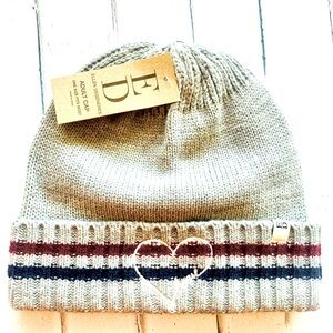 New! ED Varsity Stripe Beanie Hat, Heathered Grey